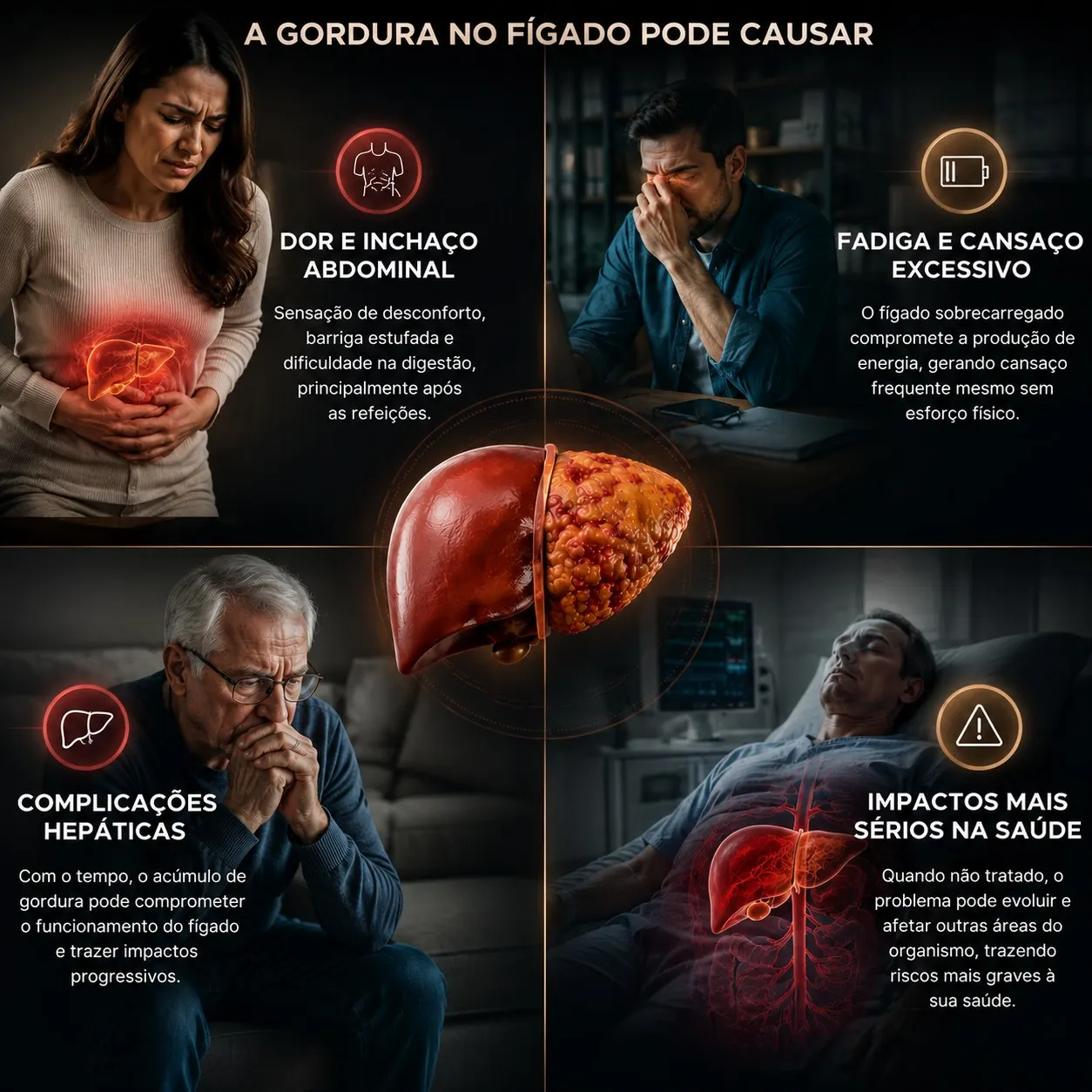 A gordura no fígado pode causar: dor e inchaço abdominal, fadiga e cansaço excessivo, complicações hepáticas e impactos mais sérios na saúde