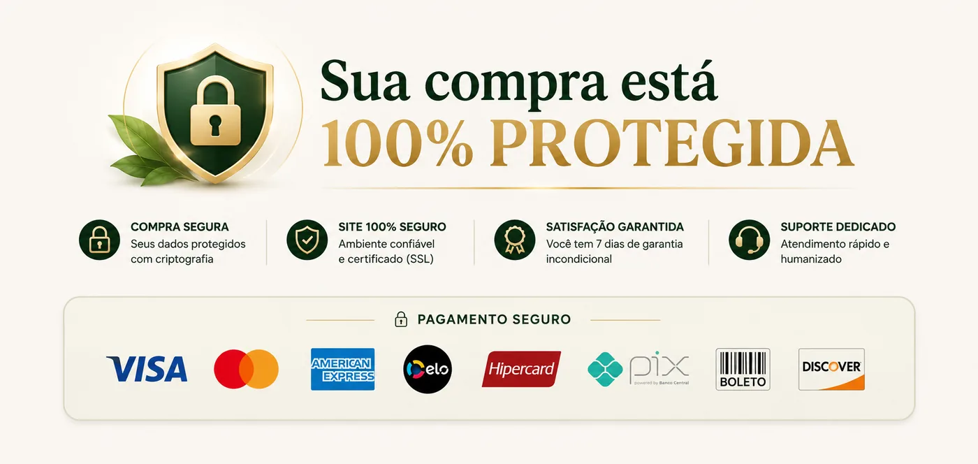 Selos de compra segura e bandeiras de pagamento aceitas